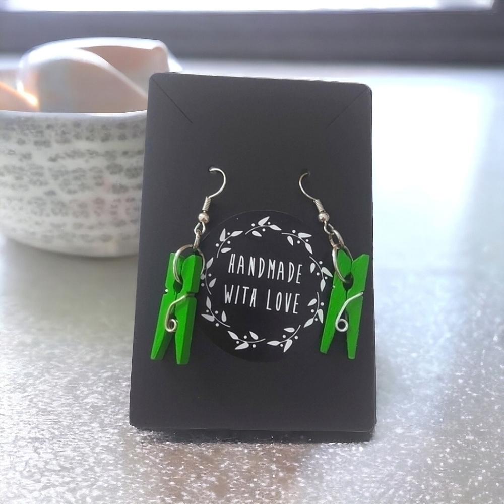Handcrafted Miniature Green Clothespin Earrings